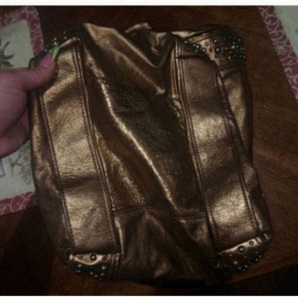 🍁🍂Vintage Betsey Johnson Bronze Leather Metalicize Me Lipstick Tote Handbag - Picture 6 of 10